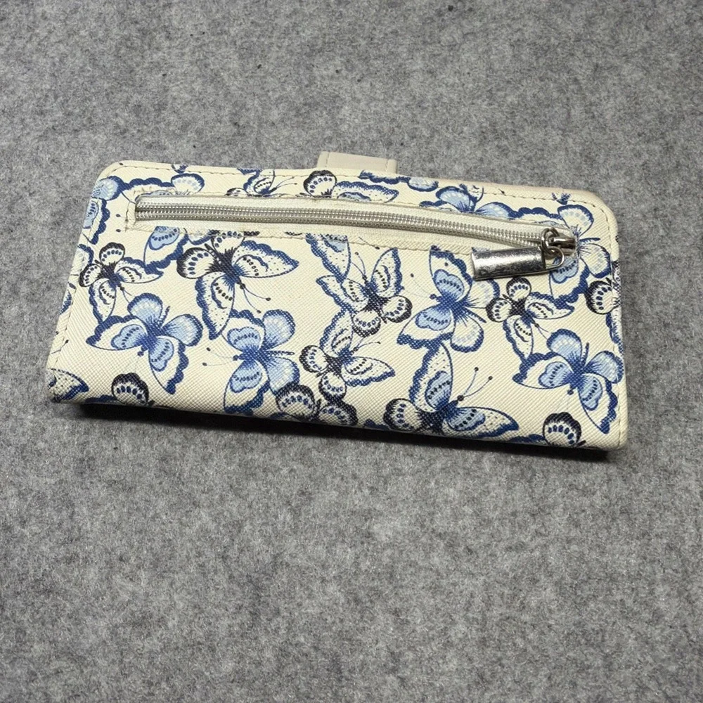 Women's Blue/White Butterfly Print Folding Wallet Wrist Strap Snap Zip Pocket